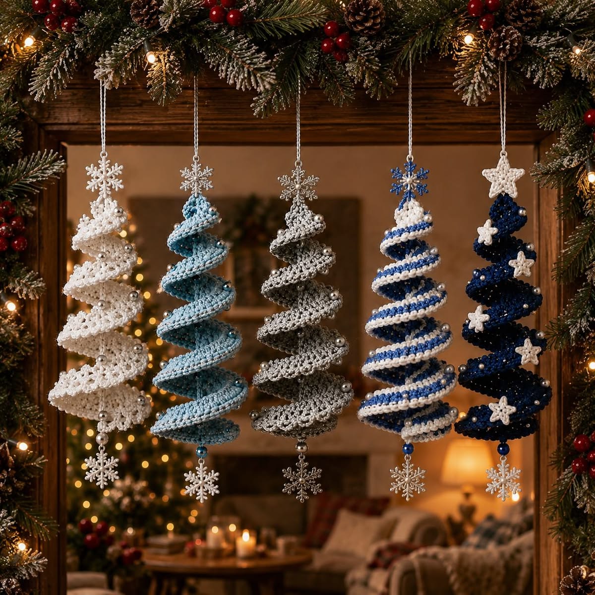 Five spiral crocheted Christmas tree ornaments with beaded edges, snowflake charms, and star toppers in blue, white, and silver.