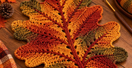 A large crocheted oak leaf placemat in fall colors of orange, red, yellow, and green with distinct veins, placed on a rustic wooden table.