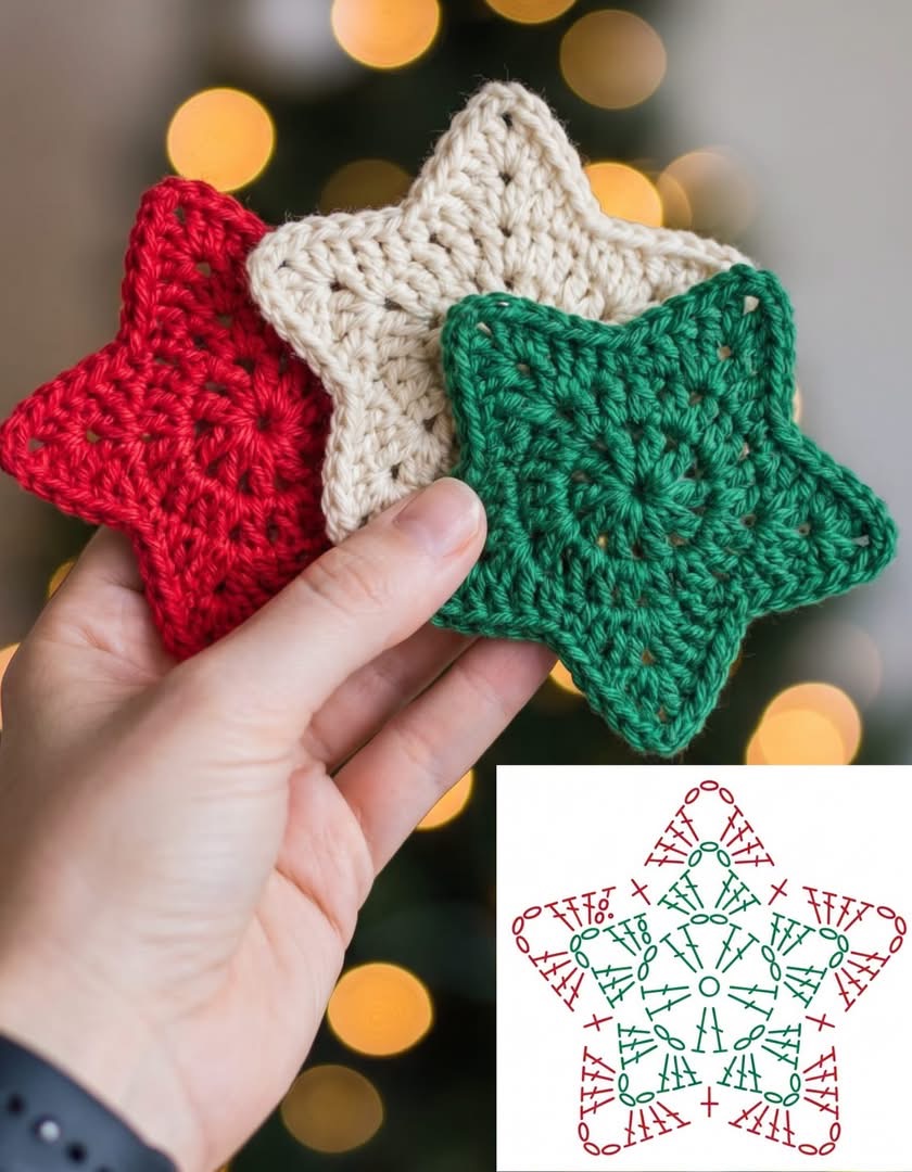 Three hand-crocheted star-shaped coasters in red, cream, and green, with a crochet chart displayed beside them.