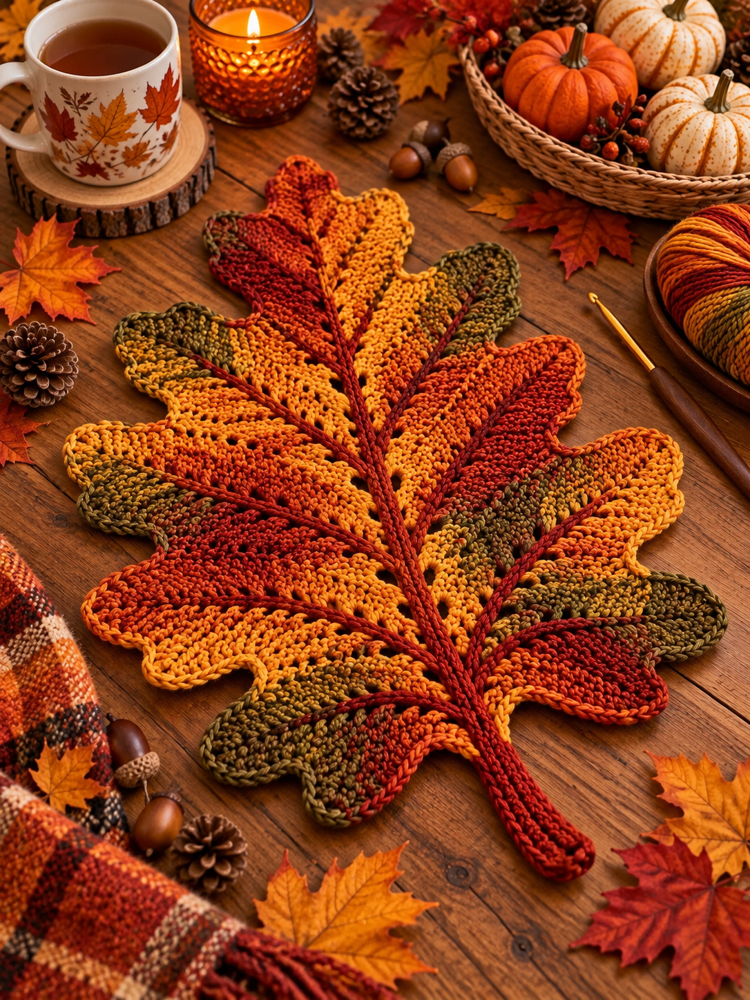 A large crocheted oak leaf placemat in fall colors of orange, red, yellow, and green with distinct veins, placed on a rustic wooden table.