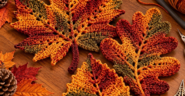 Three colorful crochet autumn leaf motifs representing maple, oak, and birch leaves in shades of red, orange, yellow, and green.