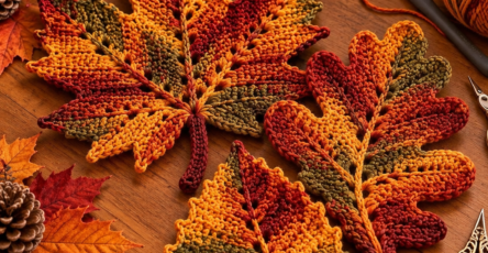 Three colorful crochet autumn leaf motifs representing maple, oak, and birch leaves in shades of red, orange, yellow, and green.
