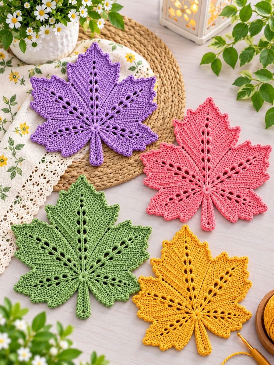 Four colorful crochet maple leaf coasters in purple, pink, green, and yellow displayed on a light table with flowers and decor.