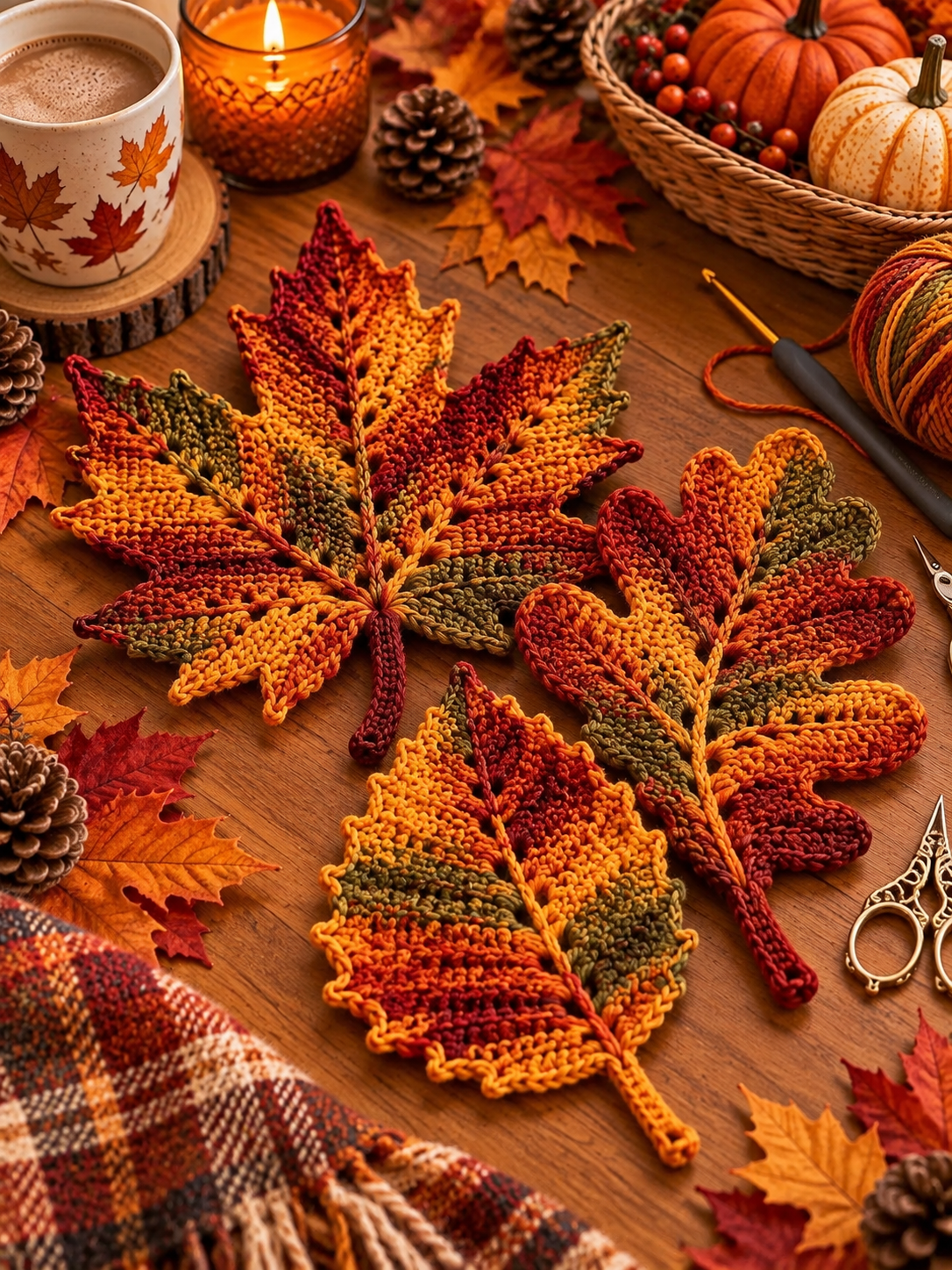 Three colorful crochet autumn leaf motifs representing maple, oak, and birch leaves in shades of red, orange, yellow, and green.