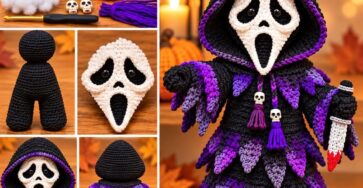 Crocheted amigurumi doll resembling Ghostface, with a black hood, layered purple cloak, skull beads, and a plush knife, surrounded by yarn and crochet tools.