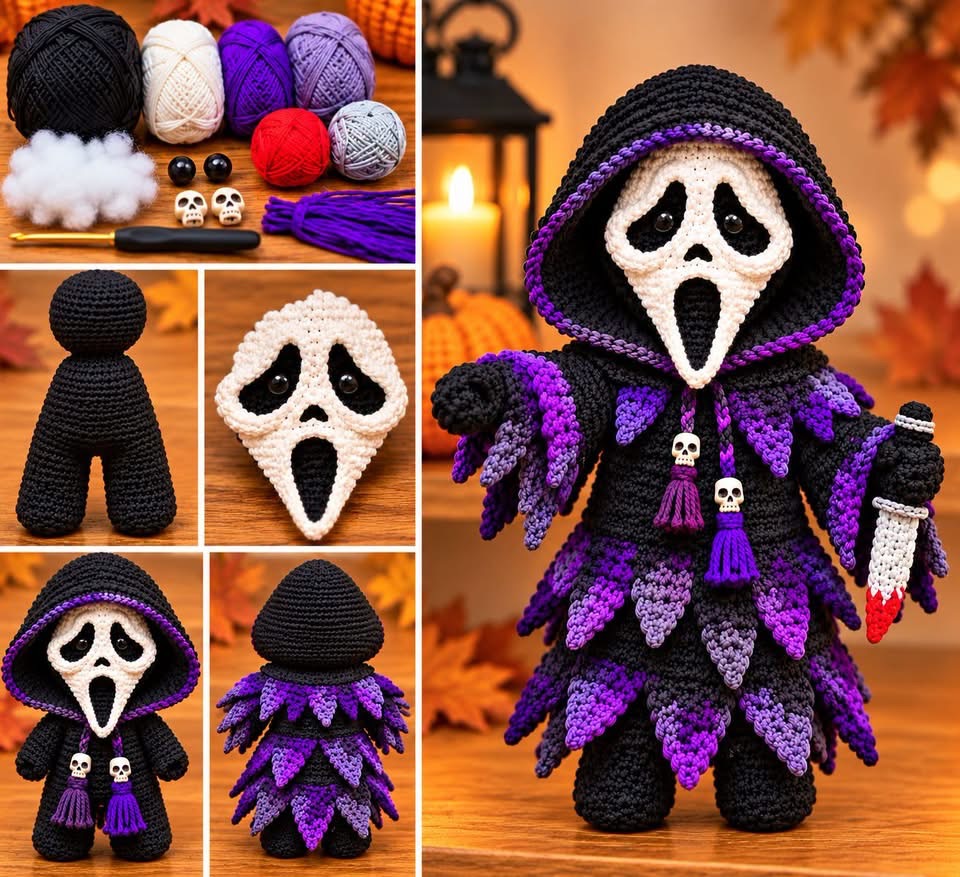Crocheted amigurumi doll resembling Ghostface, with a black hood, layered purple cloak, skull beads, and a plush knife, surrounded by yarn and crochet tools.