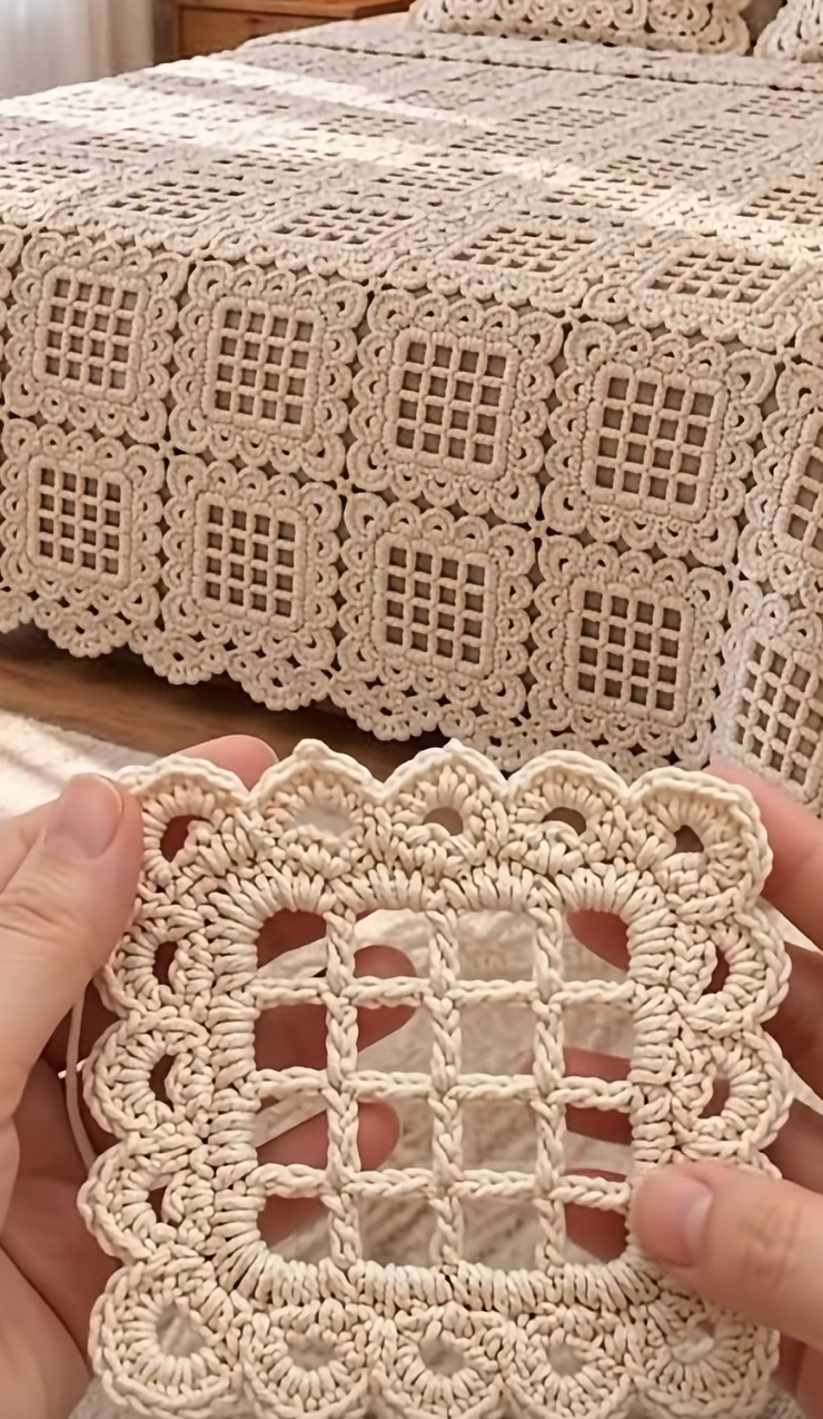 Close-up of a cream crochet square motif and a bedspread made from joined crochet lace squares.