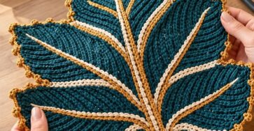 A large crocheted maple leaf placemat with teal body, cream and gold raised veins, and a gold picot border.