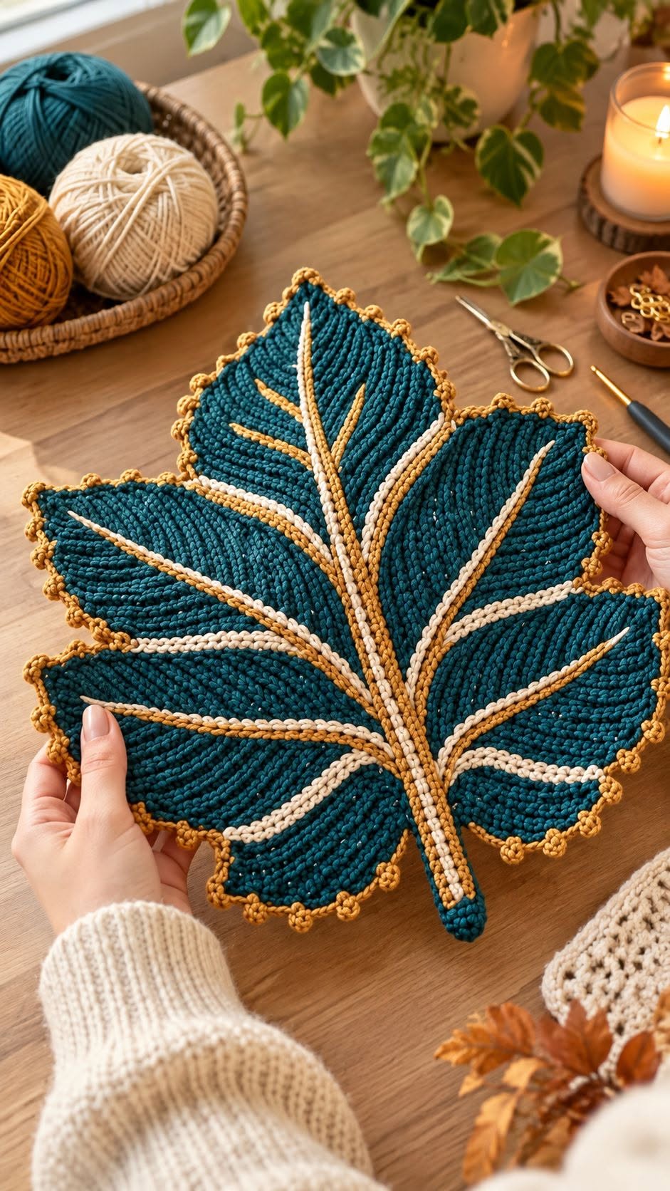 A large crocheted maple leaf placemat with teal body, cream and gold raised veins, and a gold picot border.