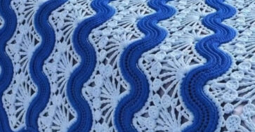 A crochet bedspread and matching pillows with blue and light blue wavy motifs and lacy fan designs, displayed on a bed.