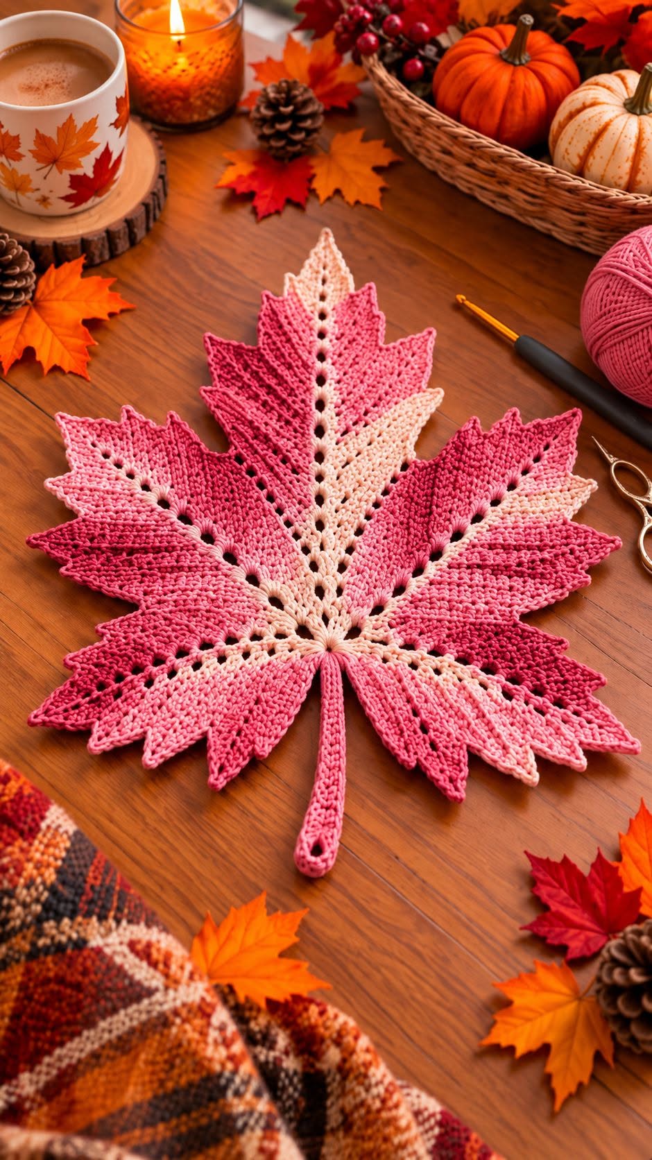 A crocheted maple leaf trivet in red and pink ombré shades, featuring pointed edges and textured ridges, displayed on a wooden table.