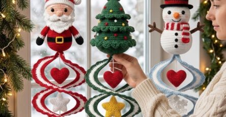 Three festive crochet Christmas hangings: Santa, Christmas tree, and snowman with heart, star, and bell ornaments, hanging by windows.