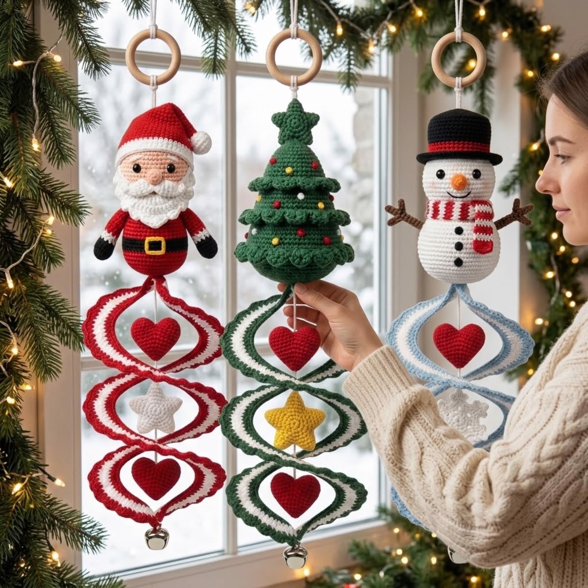 Three festive crochet Christmas hangings: Santa, Christmas tree, and snowman with heart, star, and bell ornaments, hanging by windows.