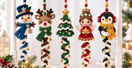 Five crocheted Christmas ornaments: a snowman, reindeer, Christmas tree, angel, and penguin, each with a spiral twist and decorative accents.
