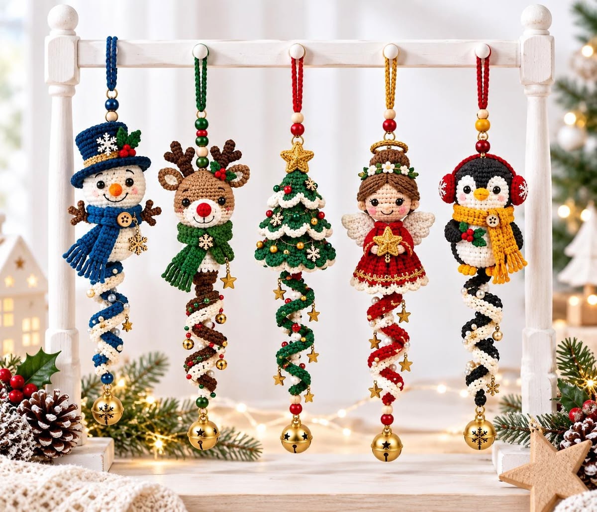 Five crocheted Christmas ornaments: a snowman, reindeer, Christmas tree, angel, and penguin, each with a spiral twist and decorative accents.
