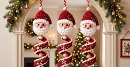 Three crocheted Santa spiral hangings with Santa heads, red spiral ribbons, and green wreaths, decorated for Christmas.