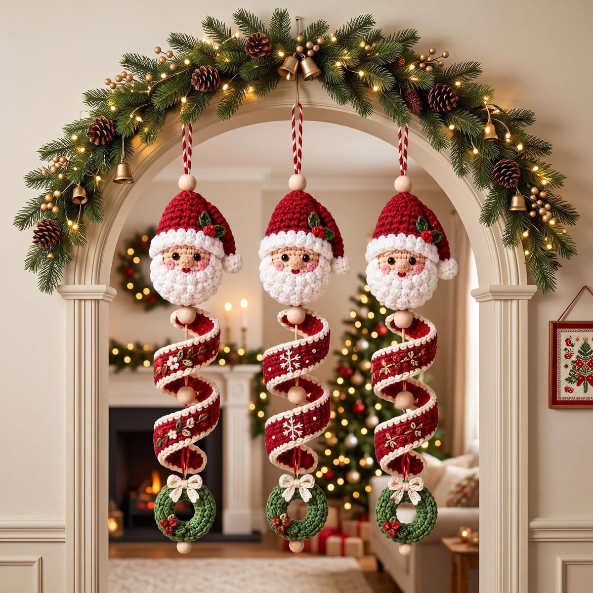 Three crocheted Santa spiral hangings with Santa heads, red spiral ribbons, and green wreaths, decorated for Christmas.