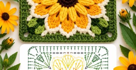A colorful crocheted Black-Eyed Susan flower granny square surrounded by real black-eyed Susan flowers and a crochet stitch diagram.