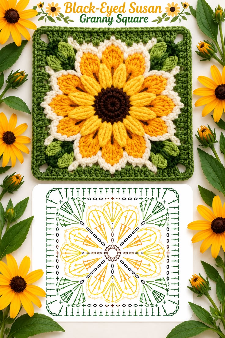 A colorful crocheted Black-Eyed Susan flower granny square surrounded by real black-eyed Susan flowers and a crochet stitch diagram.