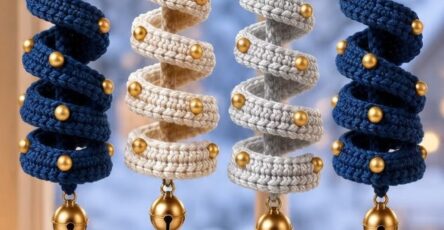Four spiral crochet Christmas tree ornaments, in blue, cream, and gray, decorated with gold beads and bells, hanging by snowflake hooks.