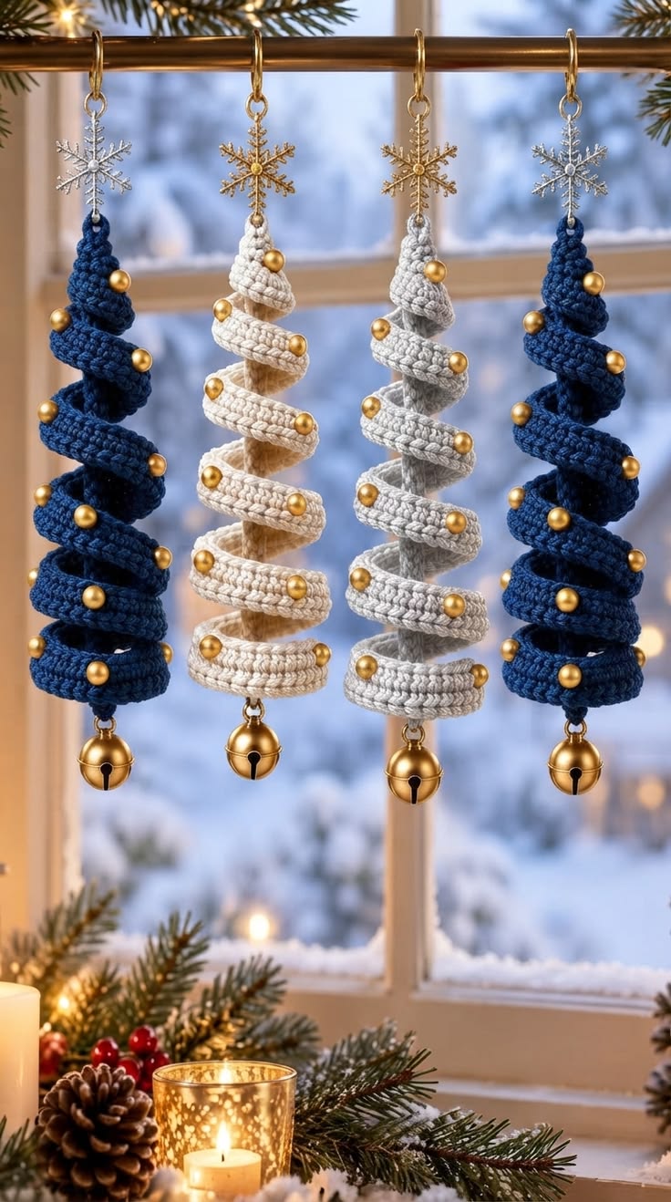 Four spiral crochet Christmas tree ornaments, in blue, cream, and gray, decorated with gold beads and bells, hanging by snowflake hooks.