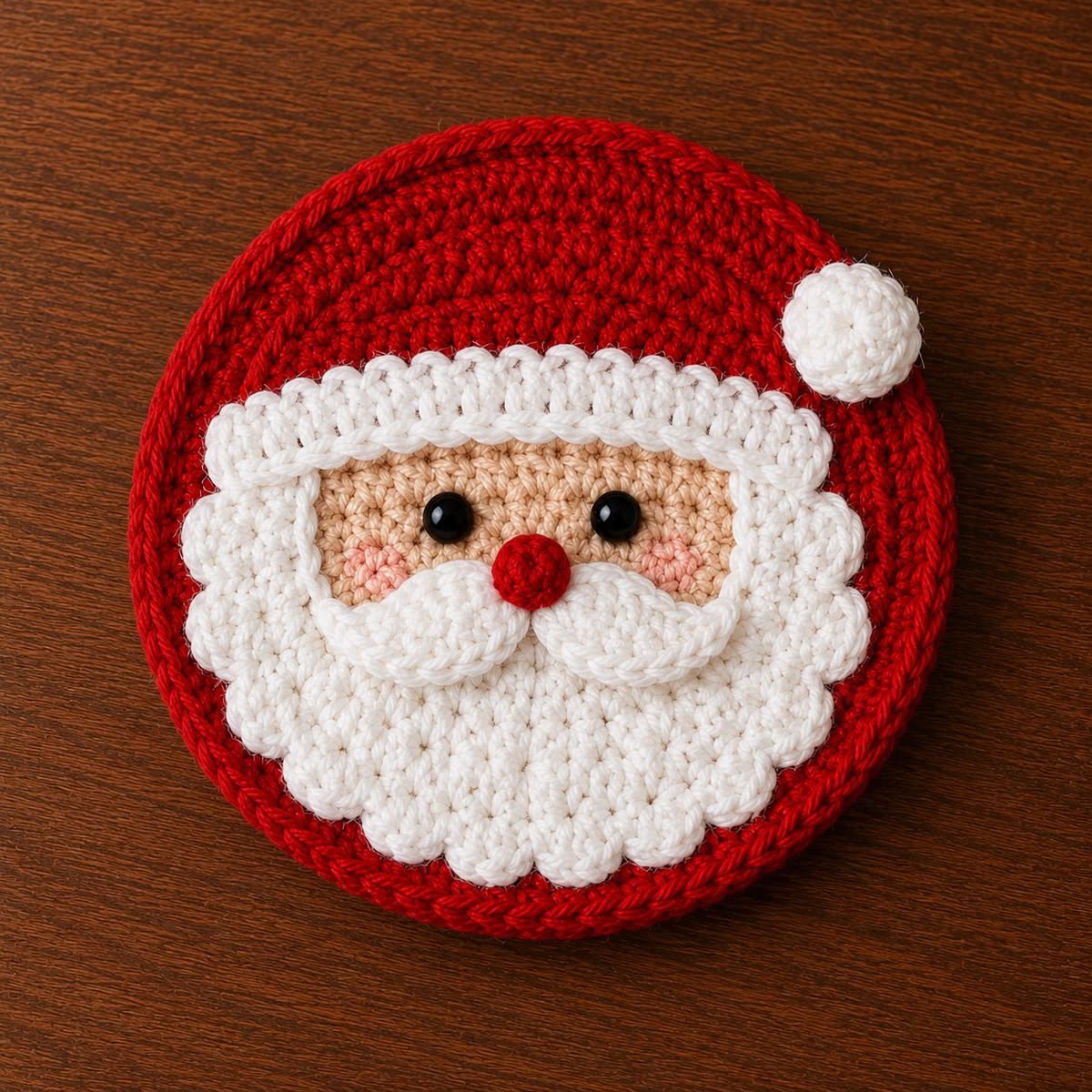 A round crochet appliqué showing a cute Santa Claus face with red hat and white beard on a wooden background.
