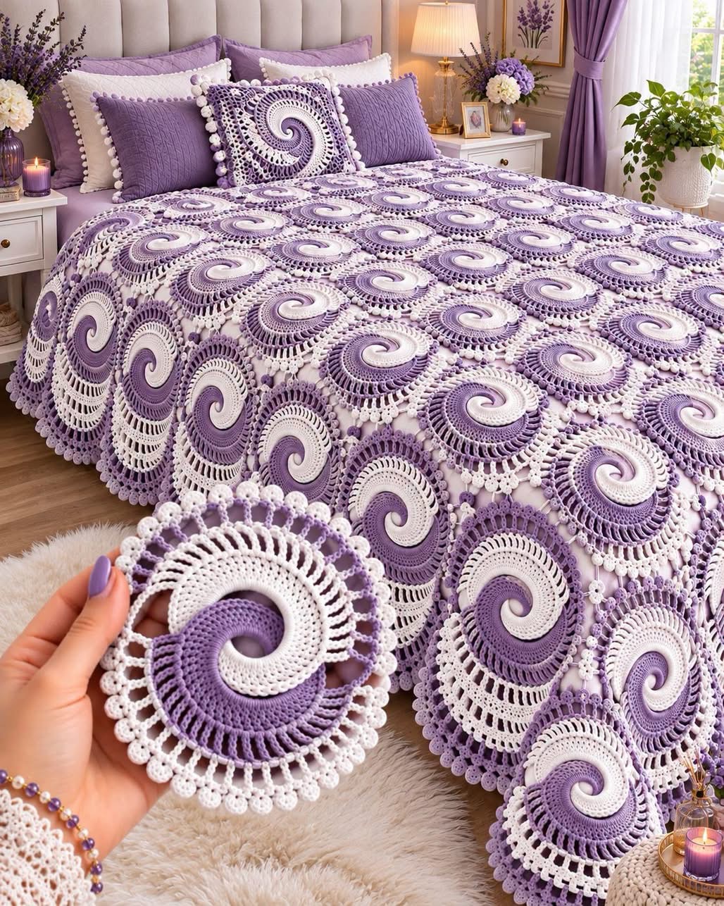 A crochet bedspread made of lavender and white spiral motifs with a decorative lacy border, shown on a bed in a cozy, elegant bedroom.