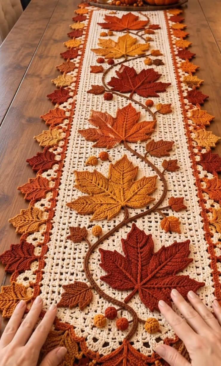 Crochet table runner with large maple leaves in fall colors, acorn accents, and scalloped leaf border on a rectangular lacy background.