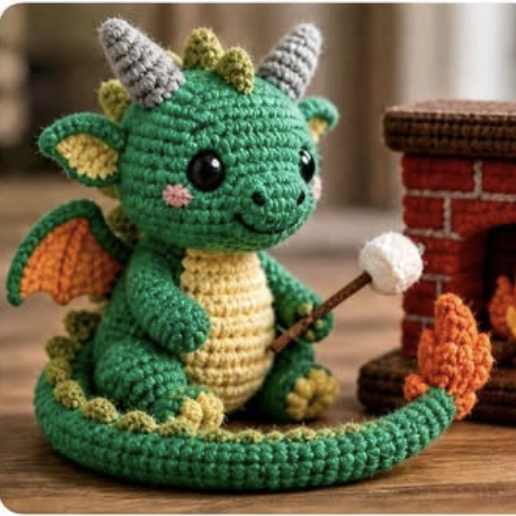Crocheted green dragon plushie with wings, horns, and a marshmallow on a stick sitting by a fireplace.