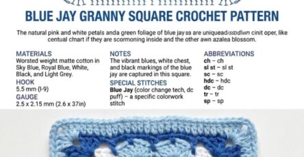 A crocheted granny square featuring a blue jay bird in blue, white, and black surrounded by decorative light blue and blue stitches.