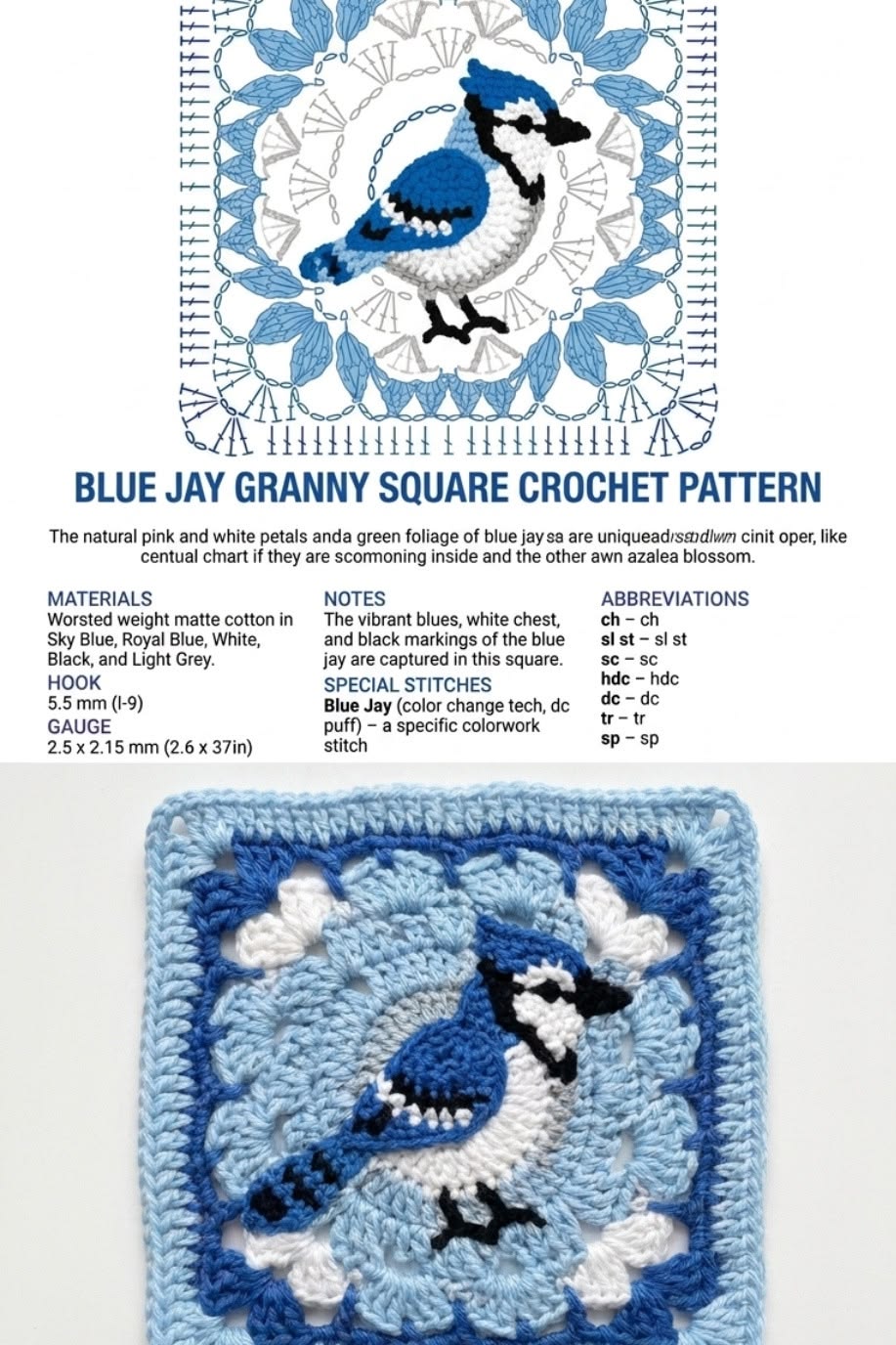 A crocheted granny square featuring a blue jay bird in blue, white, and black surrounded by decorative light blue and blue stitches.