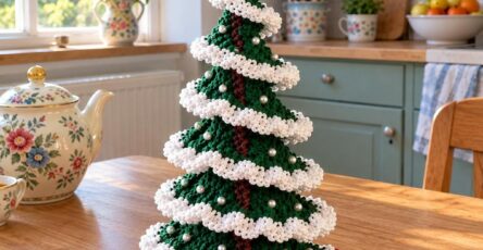 Crochet Christmas tree centerpiece with ruffled white garlands, beaded ornaments, and miniature gift boxes on a round crochet base.