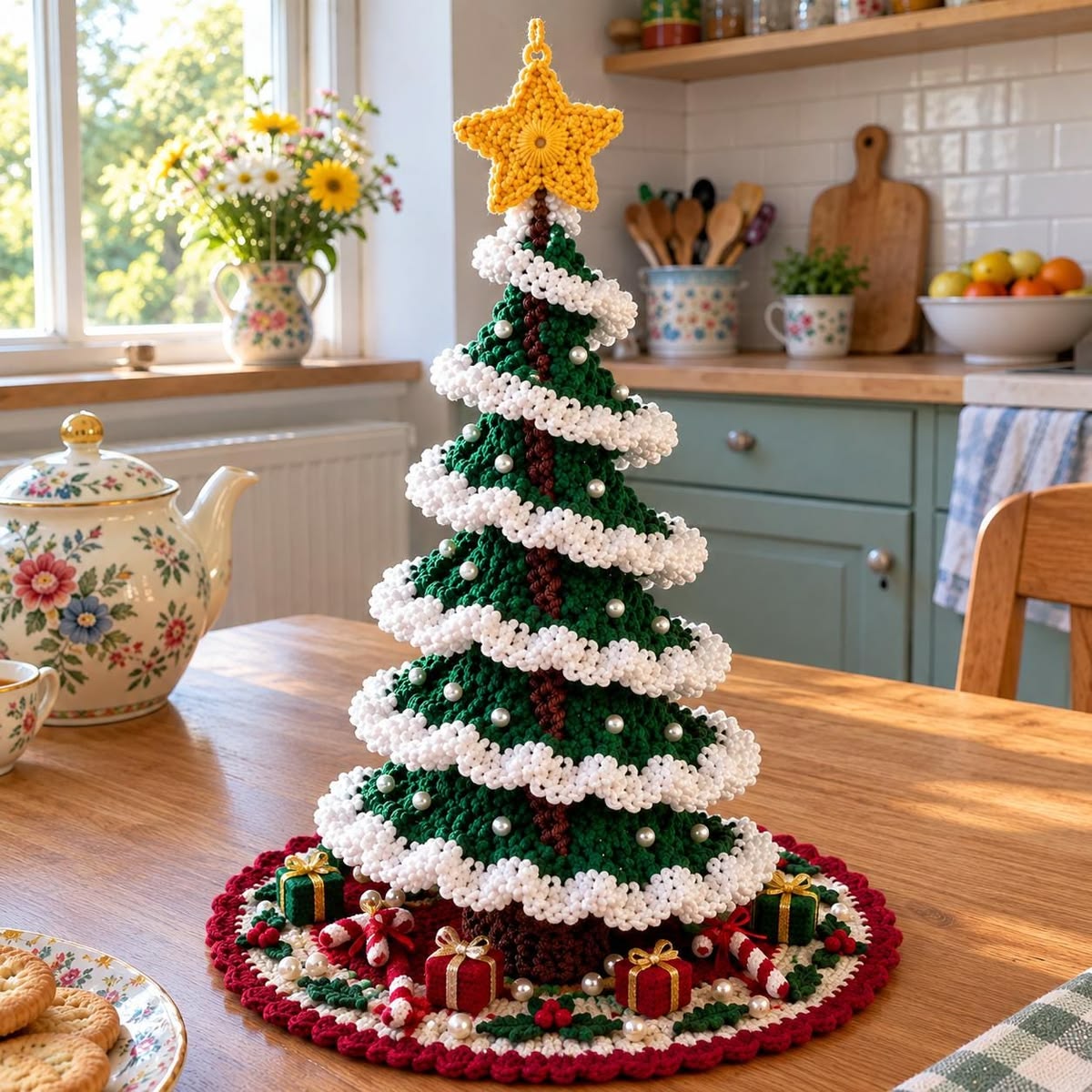 Crochet Christmas tree centerpiece with ruffled white garlands, beaded ornaments, and miniature gift boxes on a round crochet base.