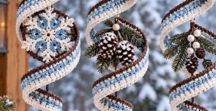 Three crocheted spiral hanging ornaments with blue, white, and brown stripes, decorated with snowflakes, pinecones, fir sprigs, beads, and acorns.