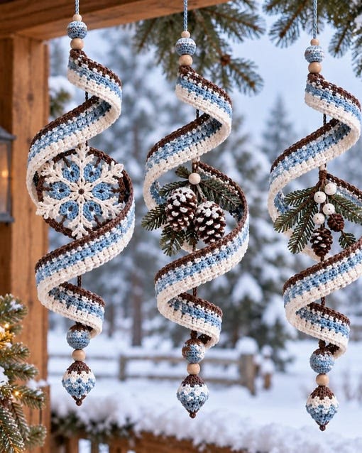Three crocheted spiral hanging ornaments with blue, white, and brown stripes, decorated with snowflakes, pinecones, fir sprigs, beads, and acorns.