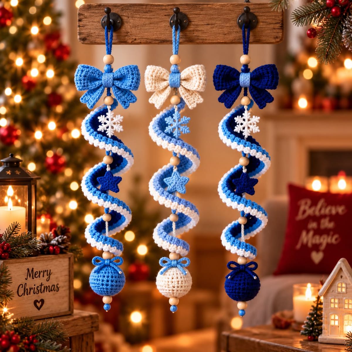 Three crocheted spiral Christmas ornaments in blue and white, featuring bows, wooden beads, snowflakes, stars, and hanging baubles.