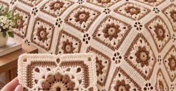 A hand holds a beige and brown floral granny square in front of a bed covered with a matching crochet blanket made of joined squares.