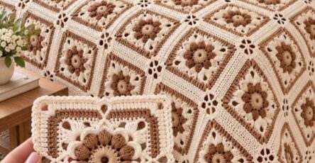 A hand holds a beige and brown floral granny square in front of a bed covered with a matching crochet blanket made of joined squares.