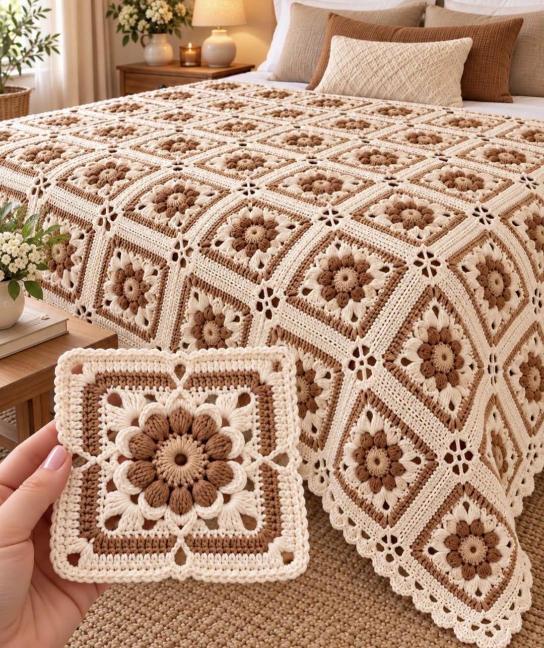 A hand holds a beige and brown floral granny square in front of a bed covered with a matching crochet blanket made of joined squares.
