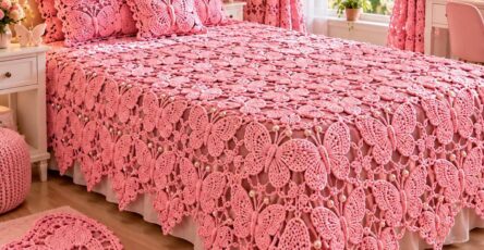 A beautifully decorated bedroom featuring a pink crochet butterfly bedspread, matching pillows, curtains, and a butterfly-shaped rug.