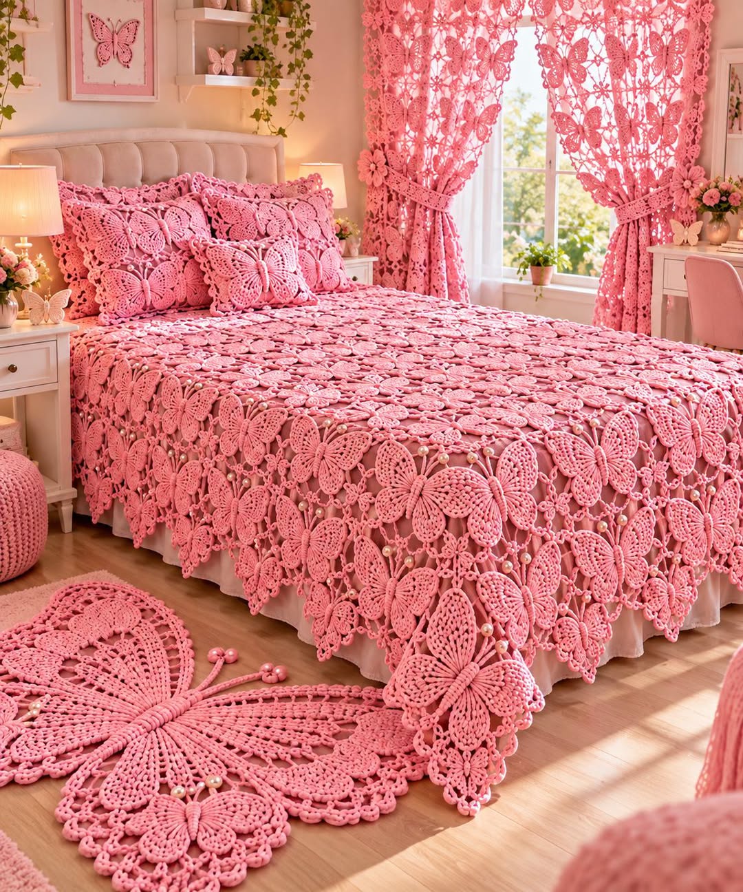 A beautifully decorated bedroom featuring a pink crochet butterfly bedspread, matching pillows, curtains, and a butterfly-shaped rug.