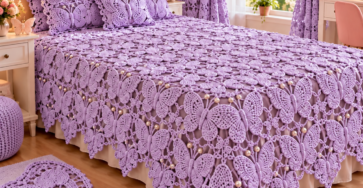 A bedroom decorated with a lavender crochet butterfly-themed bedspread, pillow covers, curtains, and a matching butterfly rug.