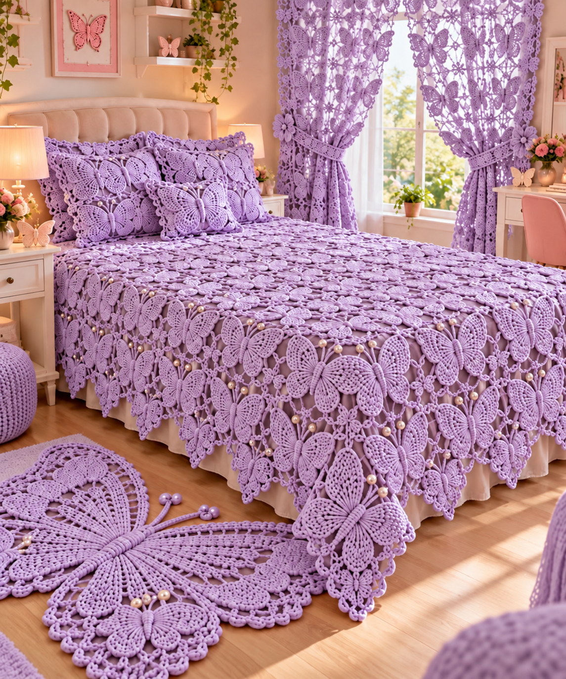 A bedroom decorated with a lavender crochet butterfly-themed bedspread, pillow covers, curtains, and a matching butterfly rug.