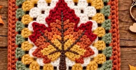 A square crochet piece featuring a vibrant maple leaf motif with fall colors, bordered in green, gold, and orange.