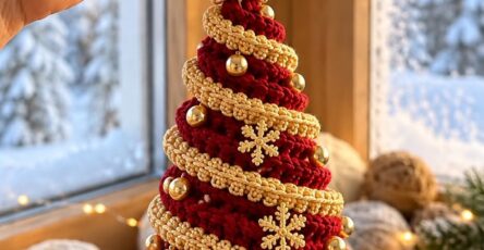 Hand holding a crochet Christmas tree ornament with spiral gold garland, gold baubles, star topper, gold bell base, and snowflake accents.