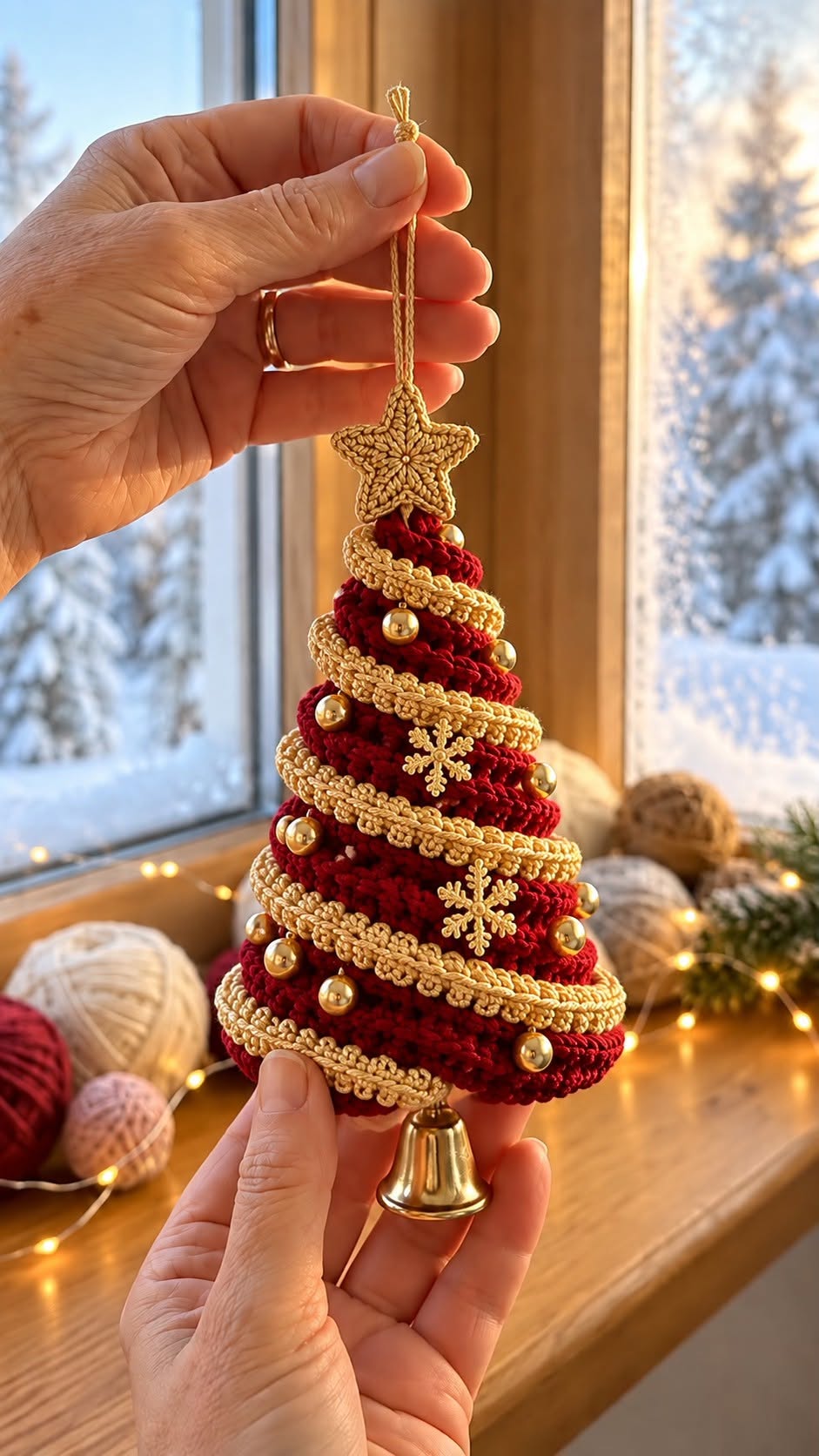 Hand holding a crochet Christmas tree ornament with spiral gold garland, gold baubles, star topper, gold bell base, and snowflake accents.