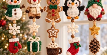 Crochet Christmas garland with snowman, reindeer, gingerbread man, penguin, gnome, and festive motifs hanging from a branch with ribbon and beads.