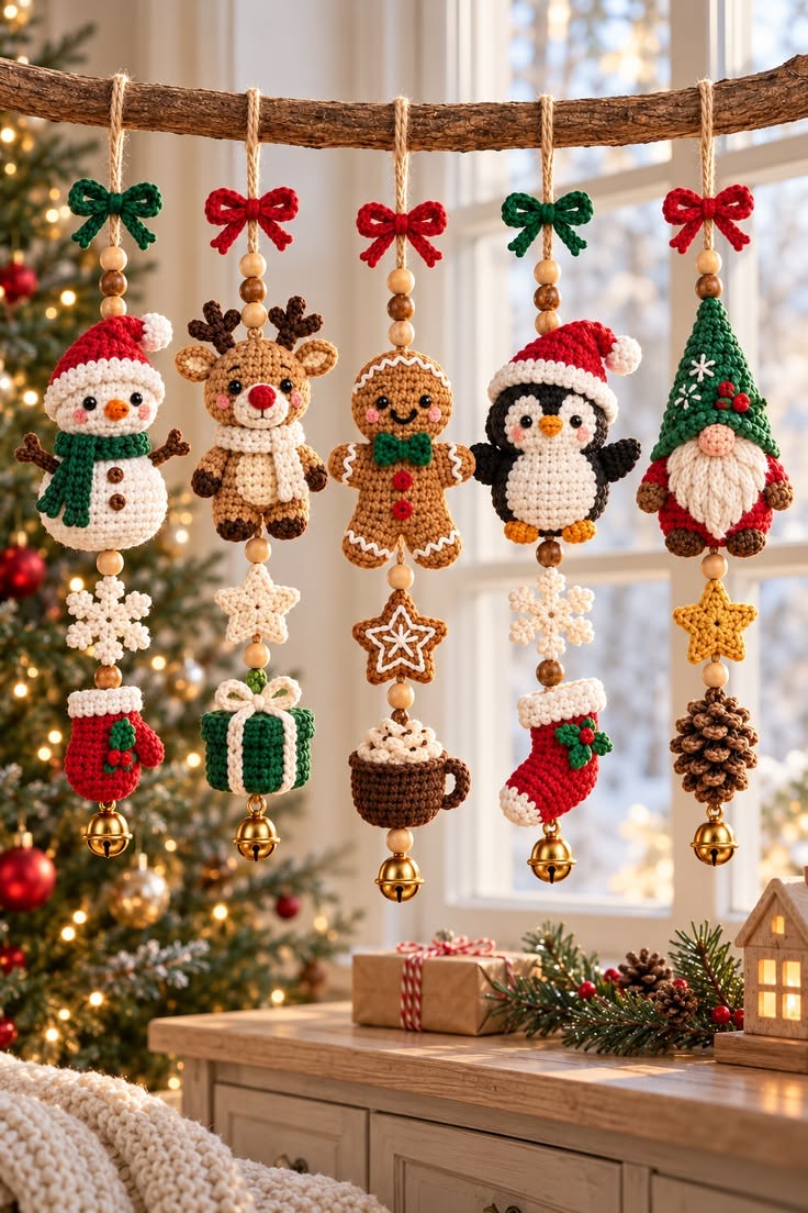 Crochet Christmas garland with snowman, reindeer, gingerbread man, penguin, gnome, and festive motifs hanging from a branch with ribbon and beads.