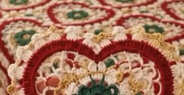 Hand holding a crochet heart motif in front of a matching heart motif crochet blanket on a bed, in red, green, white, and gold colors.