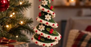 A spiral crochet Christmas tree ornament decorated with white flowers, green leaves, red berries, a red bow, and a hanging jingle bell.